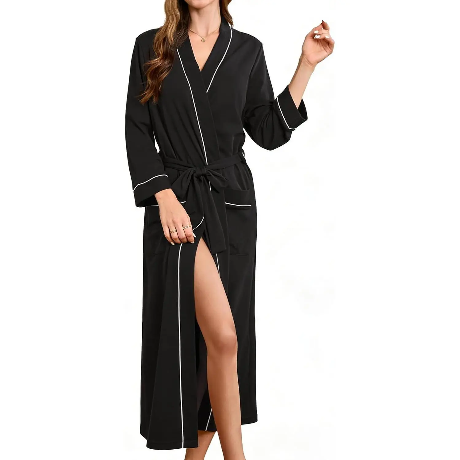 Women's 100% Cotton Kimono Bathrobe, Lightweight Long Robe with Pockets, V-Neck 3/4 Sleeve, Soft Breathable Loungewear for Spa, Shower, Travel & HomeGift