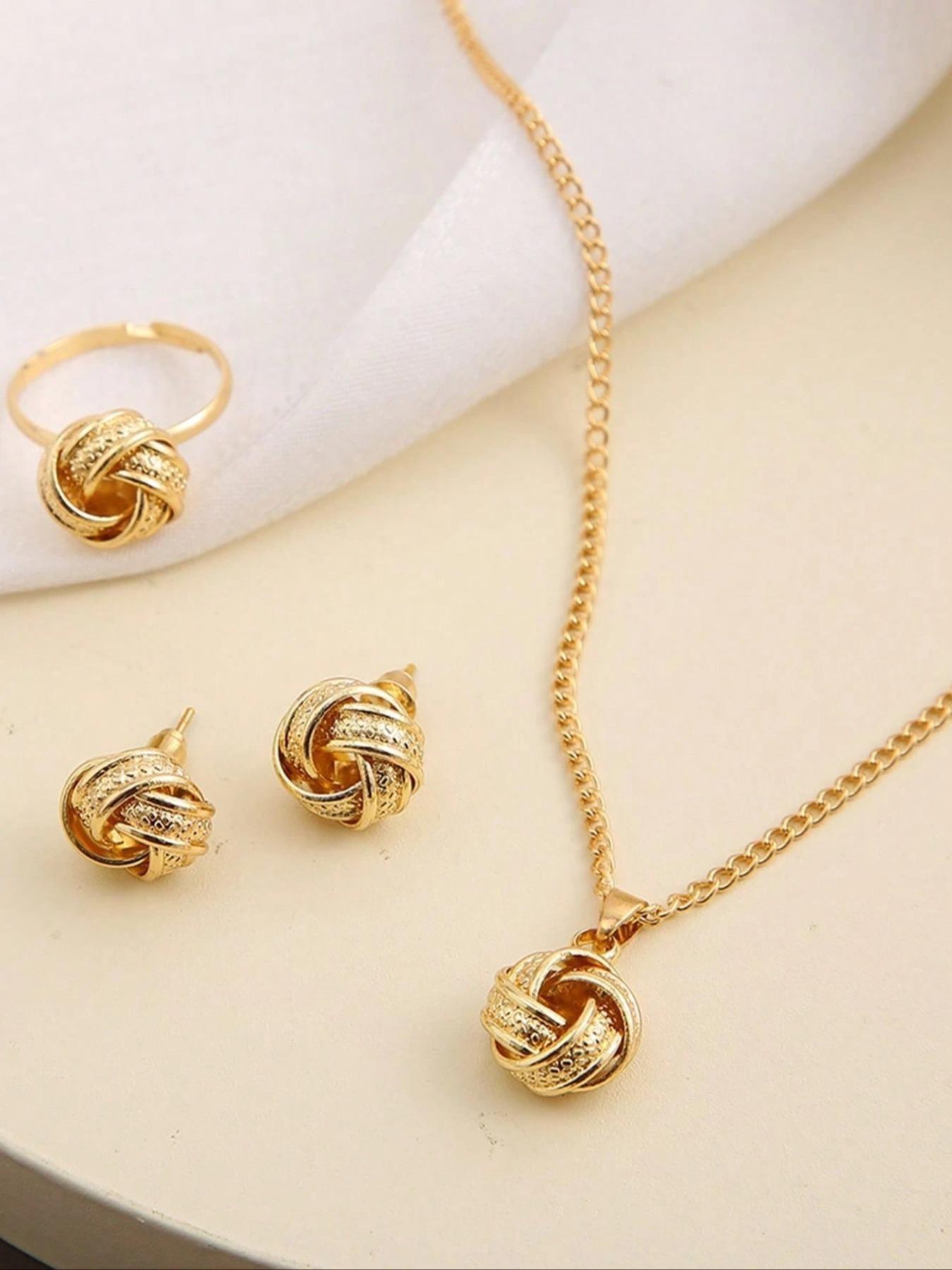 3 Piece Set Braided Spiral Knot Ring Earring Necklace Jewelry, Unique Women's Evening Party Jewelry Set, Stylish Accessories