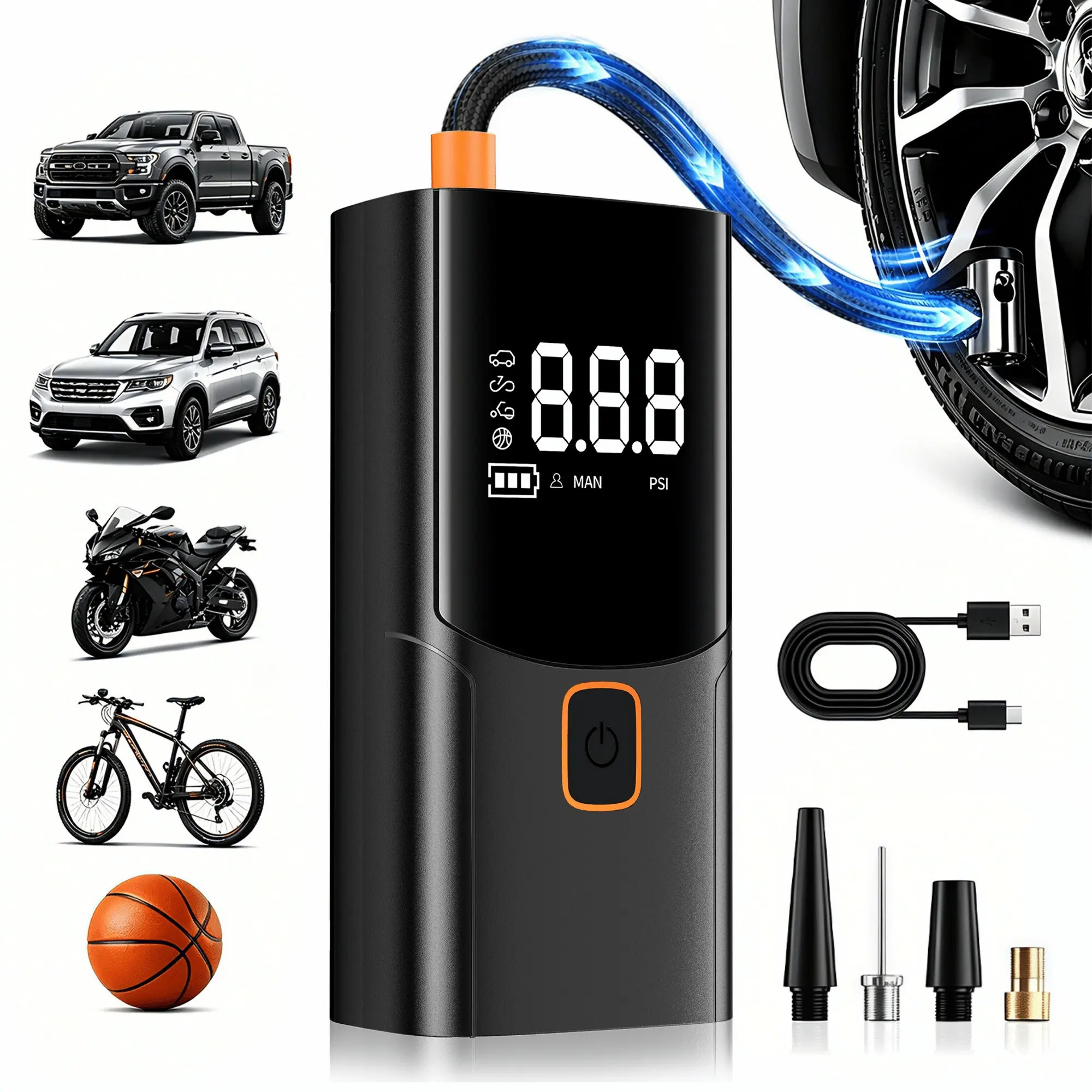 Portable Car Tire Inflator, 150 Psi Smart Air Compressor, 3x Faster Quick Fill Inflator, Auto Shut Off, LED Light, for Cars, Bikes, Balls