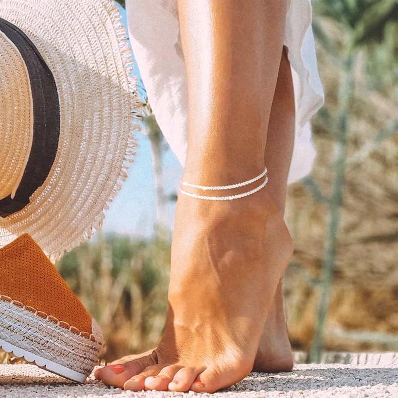 TEWIKY Dainty Layered Waterproof Anklet For Women Adjustable Womens Anklet Set Stackable Figaro Beaded Cuban Link Anklets Daily Clothing Decor For Beach Summer Trendy All-match & Exquisite Jewelry For Valentine's Day gifts