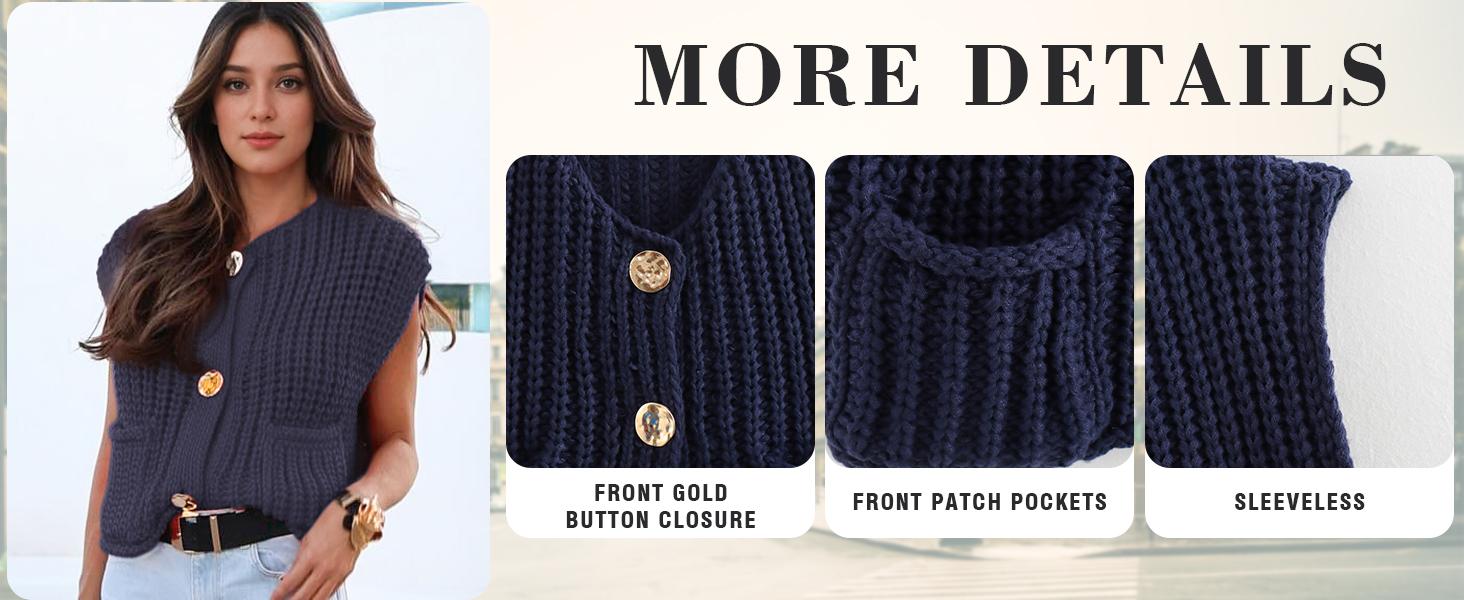 SCUSTY Womens Crochet Chunky Knit Top with Pockets Sleeveless Button Down Crop Tops Trendy Cardigan Sweater Vest for Women