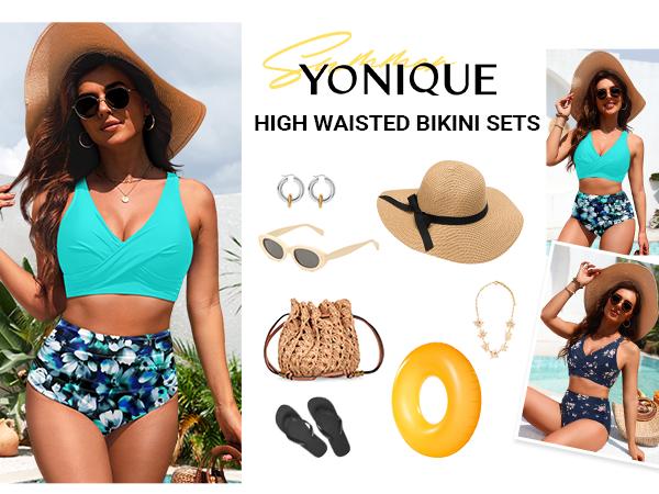 Yonique High Waisted Two Piece Swimsuit-Womens Bikini Set Tummy Control Bathing Suit Modest Full Coverage Bikini