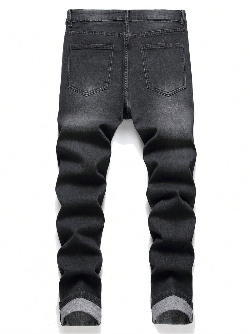 Men's Regular Fit Solid Color Ripped Jeans, Casual Comfy Denim Pants for Daily Wear, Fashion Men's Bottoms for All Seasons