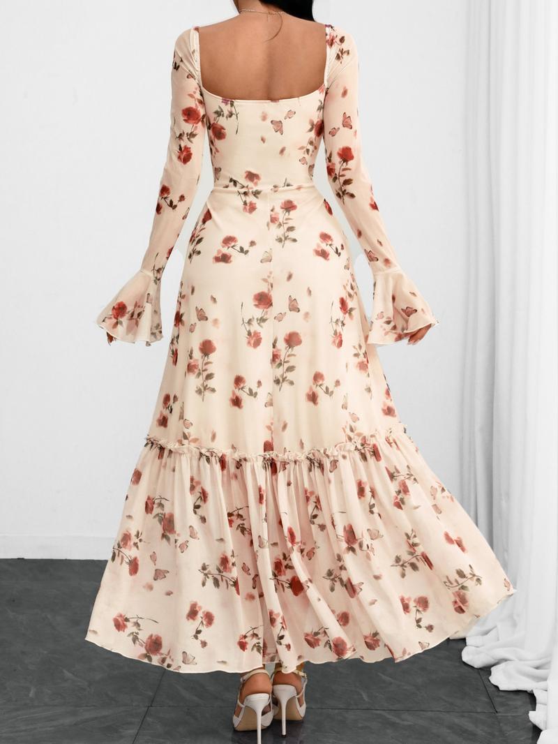 Elegant French Style V-Neck Mesh Dress, Rose Print Layered Backless Design, Breathable Waist Cinching, Romantic Women's Fashion Elegant French Style V-Neck Mesh Dress, Rose Print Layered Backless Design, Breathable Waist Cinching, Romantic Women's Fashion