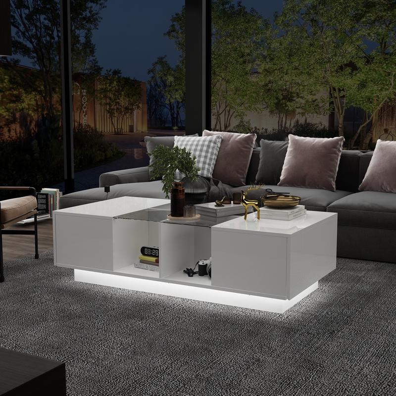 FUFU&GAGA Modern LED Coffee Table with Drawers & Open Compartments, Rectangle Coffee Center Table with Glass Top for Living Room, Bedroom (47.4" W x 23.6" D x 13.9" H) FUFU&GAGA Modern LED Coffee Table with Drawers & Open Compartments, Rectangle Coffee Center Table with Glass Top for Living Room, Bedroom (47.4" W x 23.6" D x 13.9" H)