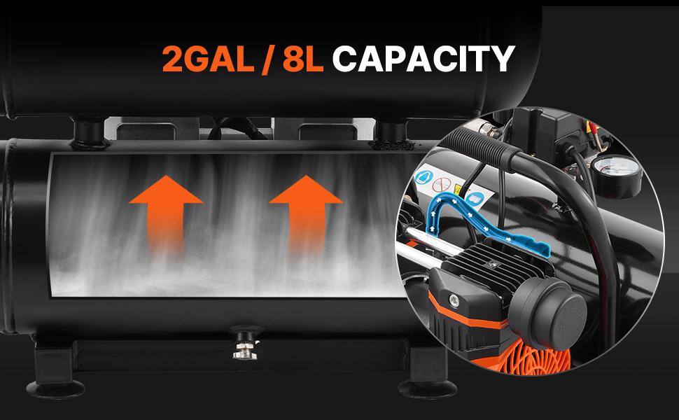 VEVOR Air Compressor, 2 Gallon Steel Tank, 1HP 2.1 CFM 8bar Oil Free Air Compressor Max. 120PSI Pressure, 81dB Ultra Quiet Portable Compressor, for Auto Repair, Tire Inflation, Spray Painting