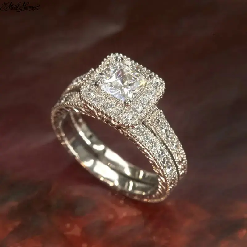 Women's 2-Part Square Princess Cut Halo Cubic Zirconia Sparkling Ring Set, Vintage Stackable Bridal Matching Sets for Engagement Promises