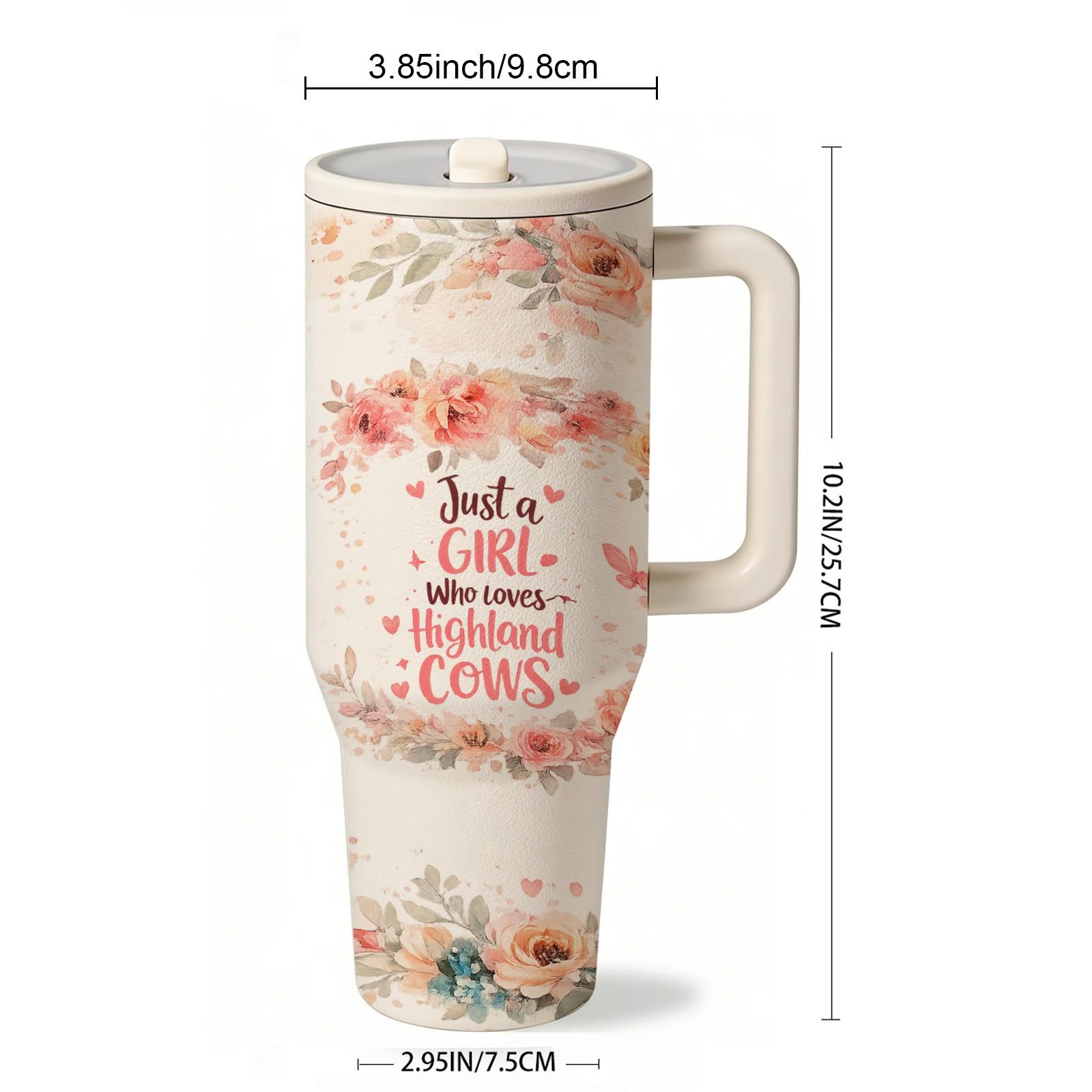 40oz Highland Cow Straw Tumbler, Just A Girl Who Loves Cows Design, Floral Cow Aesthetic Cup, Farm Girl Country Style, Vacuum Insulated Tumbler with Handle, Leak Proof Lid, Hot Cold Drinks All Day, Cute Cow Lover Gift, Insulated Travel Drinkware