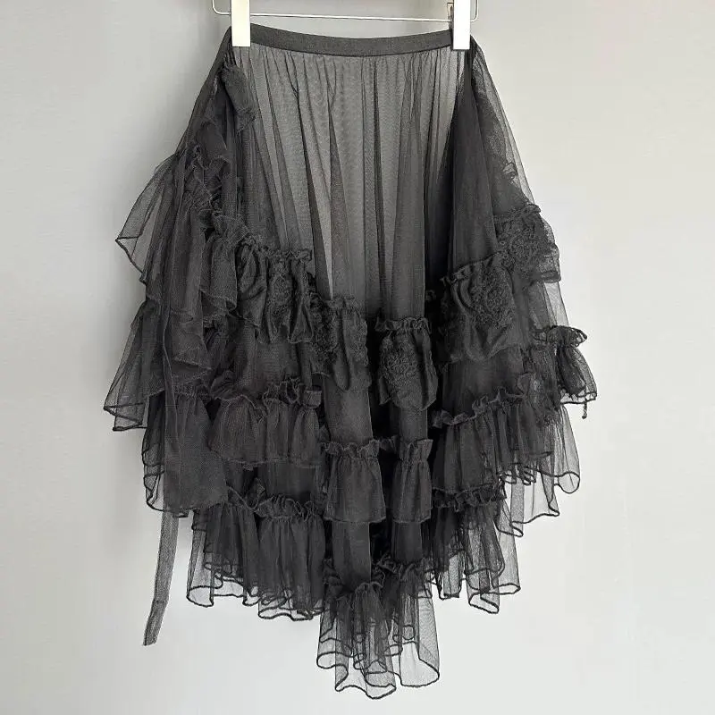 Gothic Lolita Lace Mesh Ruffles Fairy Princess Party Skirt Women Asymmetrical Cute Curtain Sheer Cover Up Thin Long Skirt White