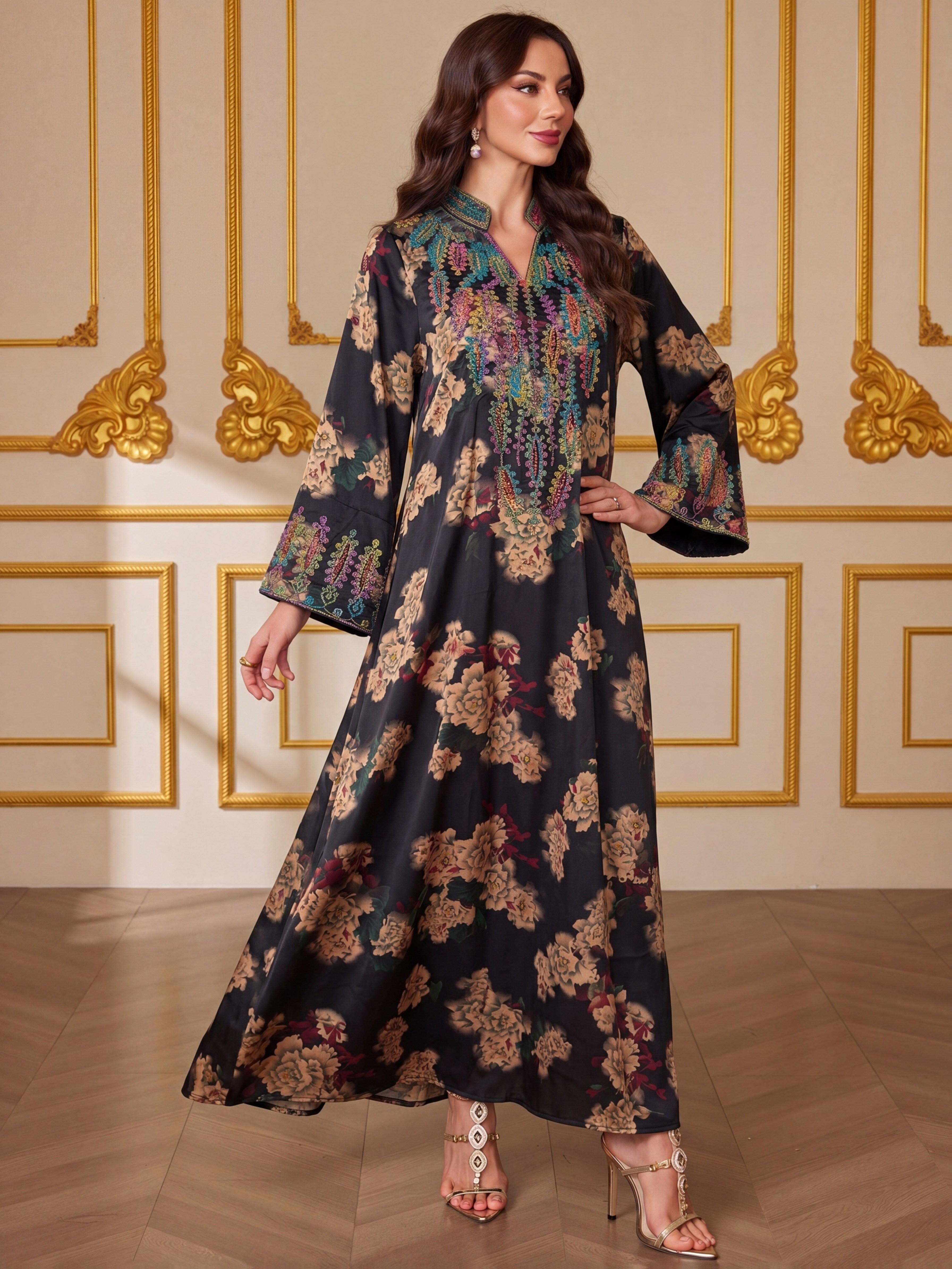 Middle Eastern Muslim Fashion Abaya, V-Neck Embroidered Ethnic Long Sleeve Islamic Embroidery Abaya Dress, Modest Style, All Seasons Fitted Glossy Fabric, 103375 Model