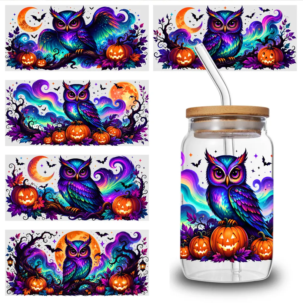 5 Sheets Halloween Owl UV DTF Stickers UV DTF Cup Wraps Stickers - for 16 Ounce Libbey Cups - Animal Crystal Label - Waterproof And Scratch Resistant Sticker - DIY Sticker for Glass Cups And Bottles
