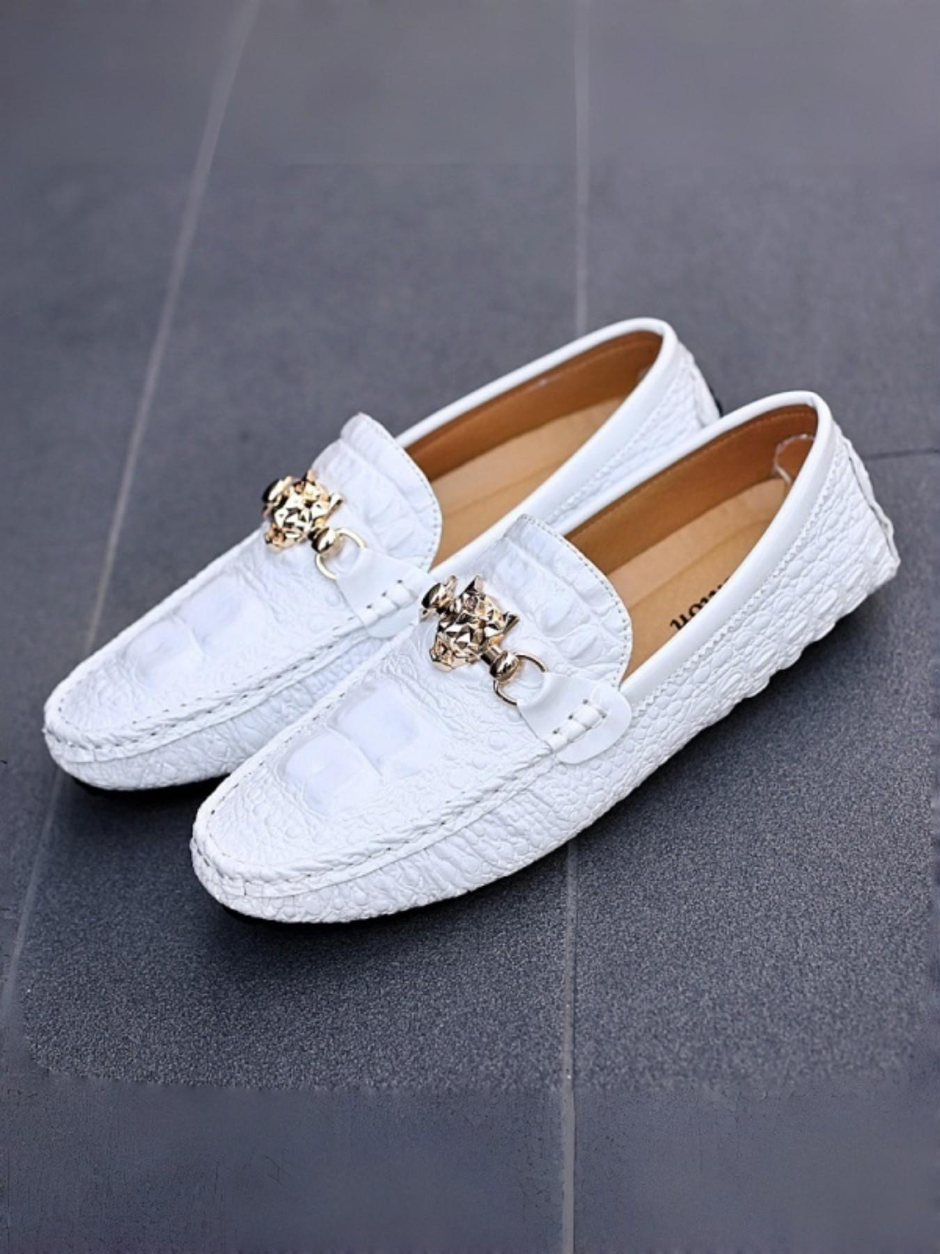 Men's Glossy Crocodile Texture Bean Shoes, Commuter & Fashionable Wear, Leather-Like Finish, Unique Metal Buckle Design