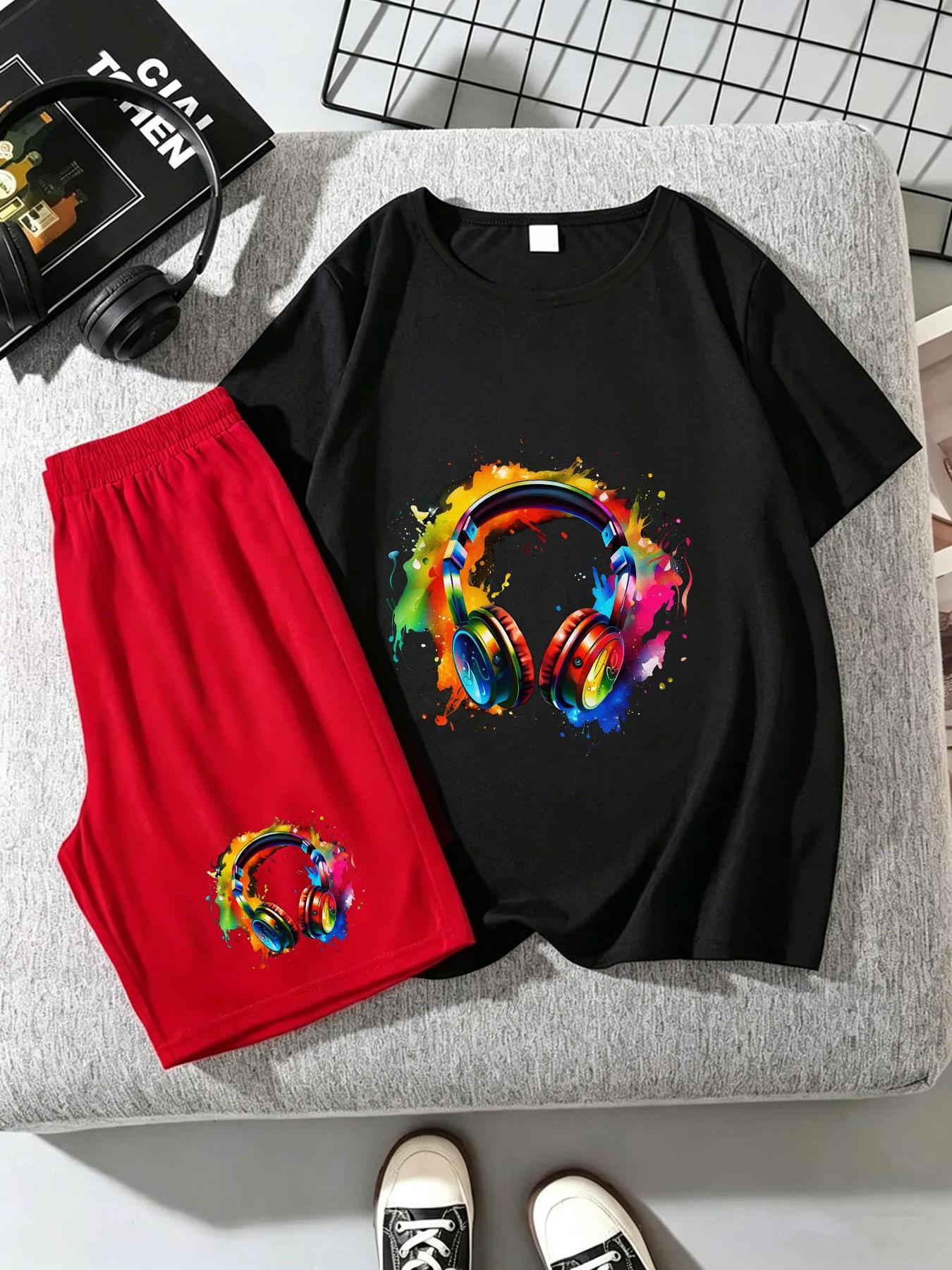 Boys Fashion Set, Creative Graffiti Earphone Print Short Sleeve and Shorts, Casual Loose-Fit, Comfortable Daily Wear, Kids Clothing