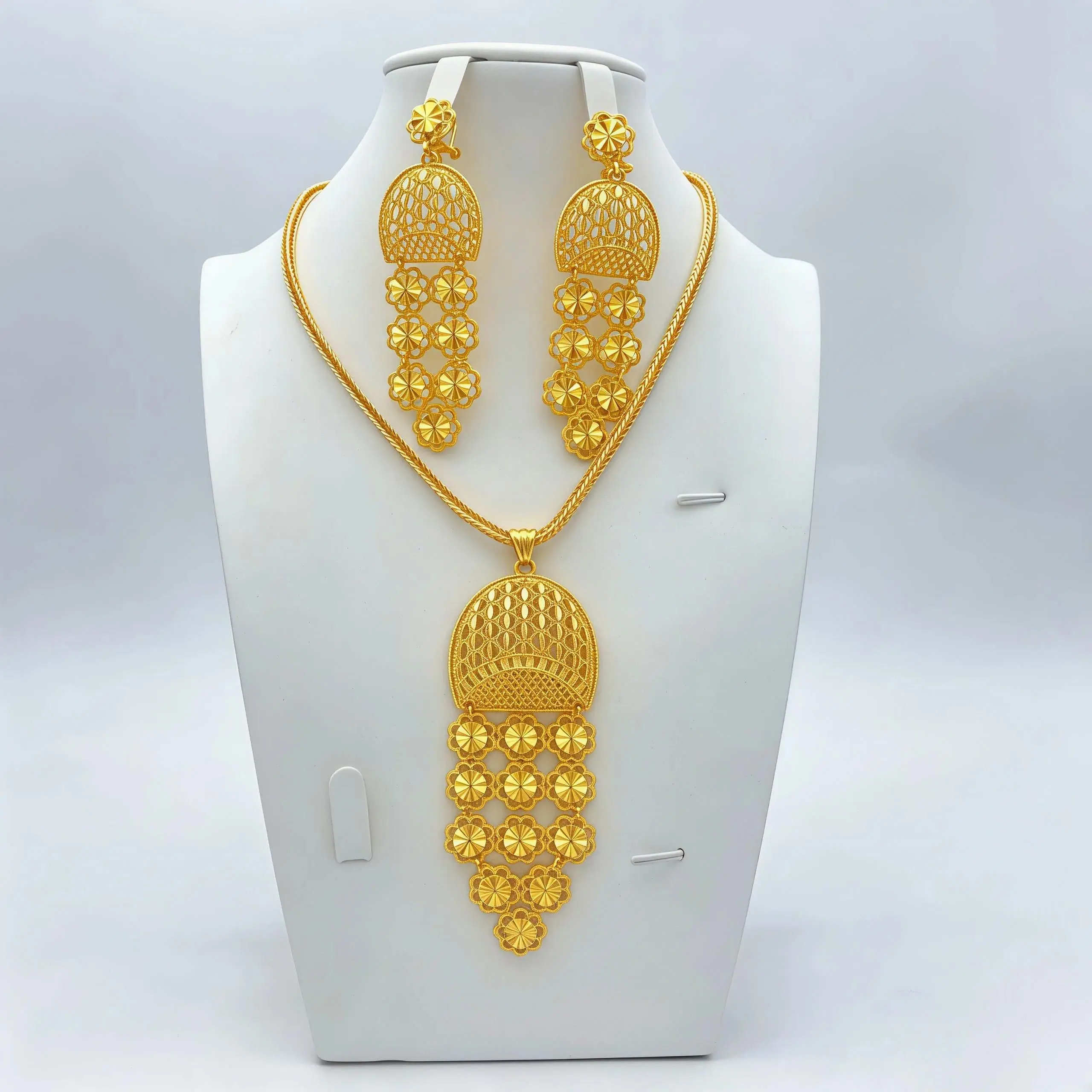 African Gold Plated Long Necklace Earrings Jewelry Set For Women Dubai Indian Nigeria Bridal Wedding Party Gift Jewellery