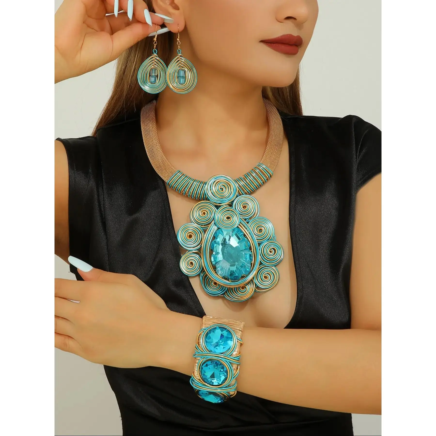 Handmade Creative Aluminum Wire Wrapped & Artificial Crystal Inlaid Large Necklace & Earrings & Open Bracelet Set, Unique Jewelry Gift