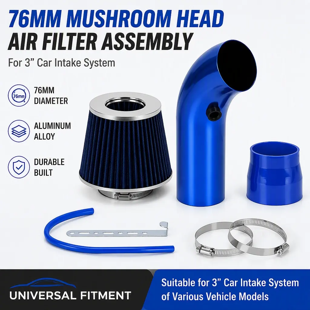 Universal 76mm 3 Inch Cold Air Intake Kit, Aluminum Air Intake Pipe + Mushroom Head Air Filter, Car Engine Modified Accessories