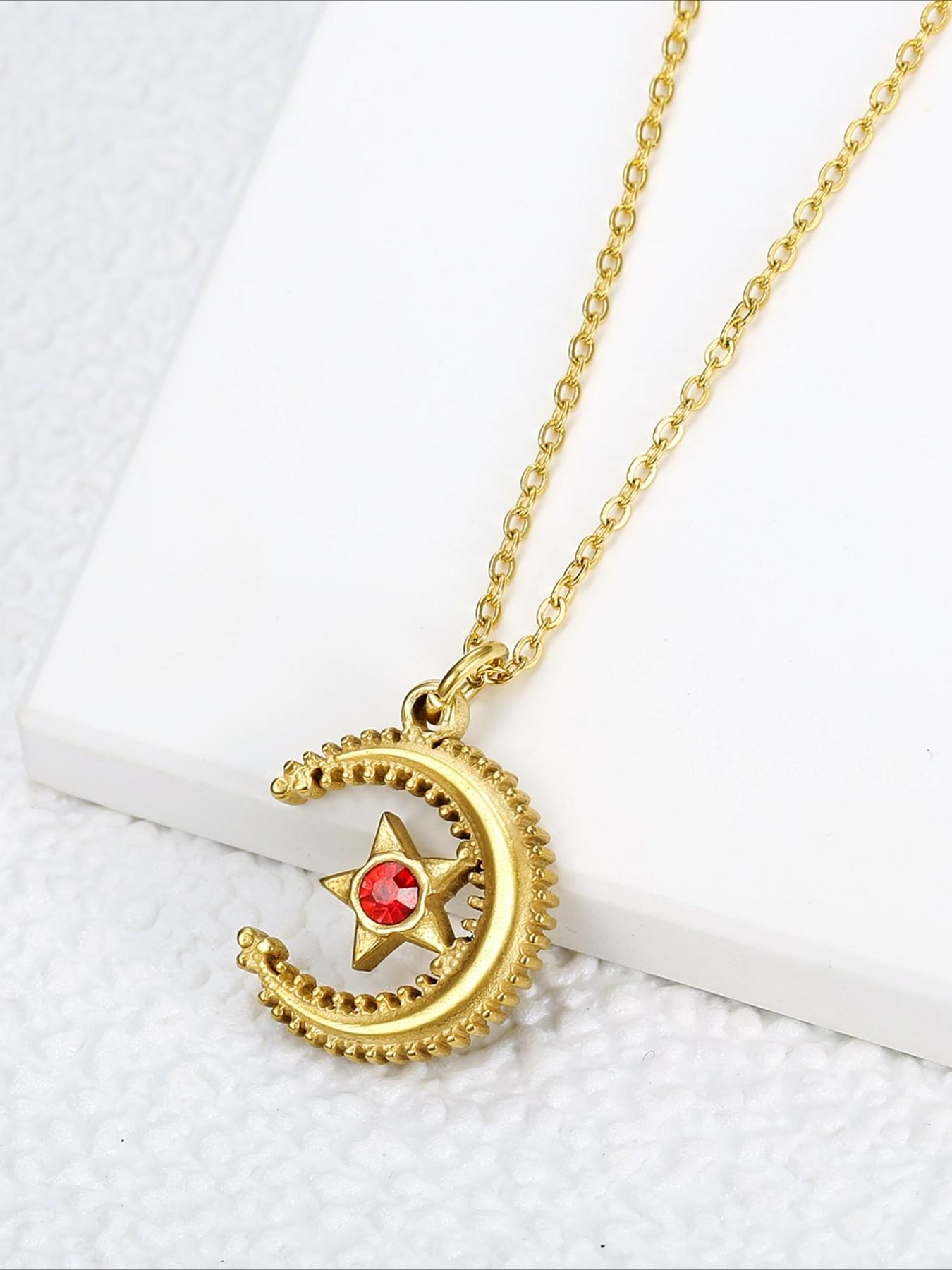 Vintage Relief Star Moon Inlaid Zircon Pendant Necklace Made of Stainless Steel Material, Mysterious and High-end Accessory