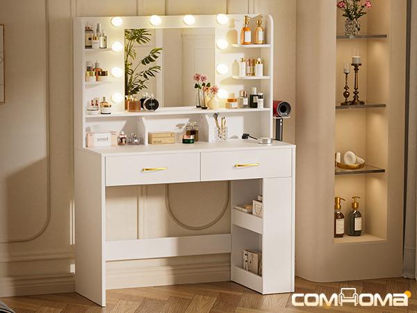 COMHOMA Makeup Vanity Desk with Mirror and Lights, Large Vanity Table with 6 Drawers & 1 Storage Cabinet, 3 Color Modes Adjustable Mirror, Furniture Luxury COMHOMA Makeup Vanity Desk with Mirror and Lights, Large Vanity Table with 6 Drawers & 1 Storage Cabinet, 3 Color Modes Adjustable Mirror, Furniture Luxury
