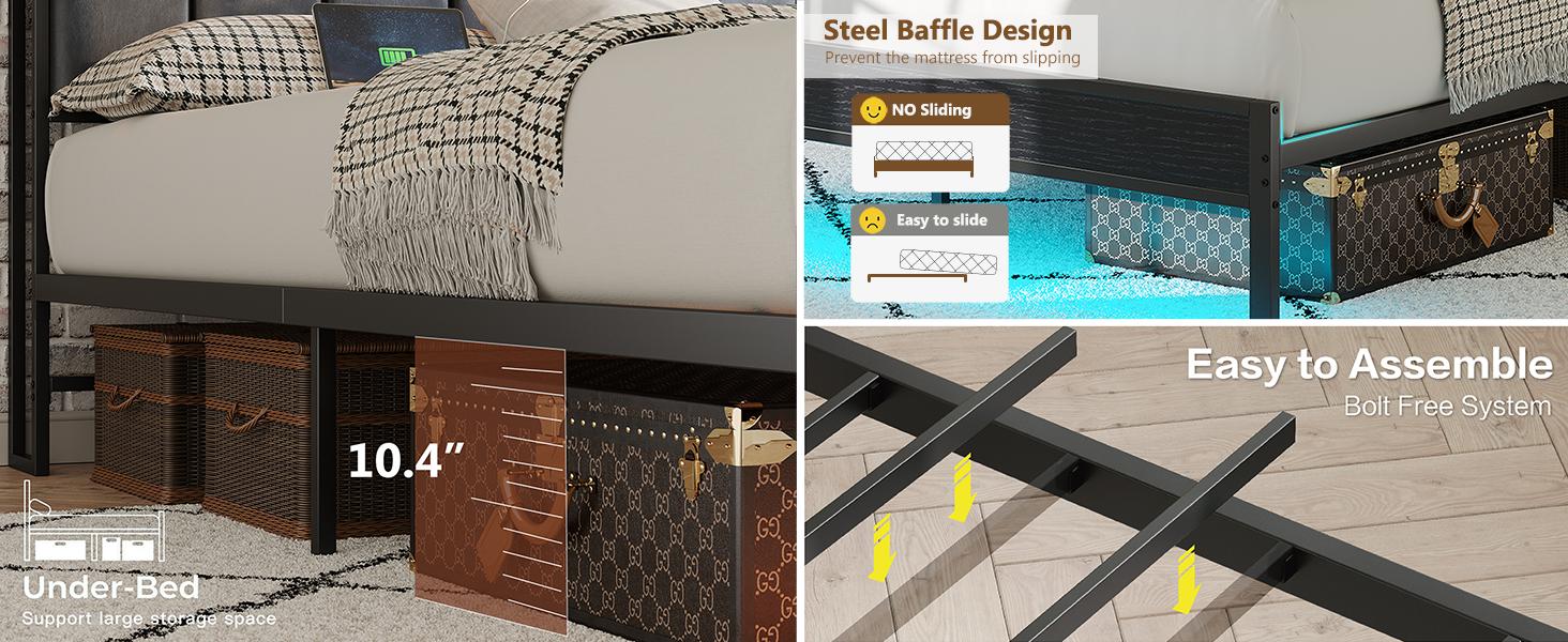 CollaredEagle Twin/Full/Queen Bed Frame with LED Lights, Upholstered Headboard, Charging Station, Storage Shelves, Heavy Duty Metal Slats, No Box Spring Needed, Noise Free, Easy Assembly