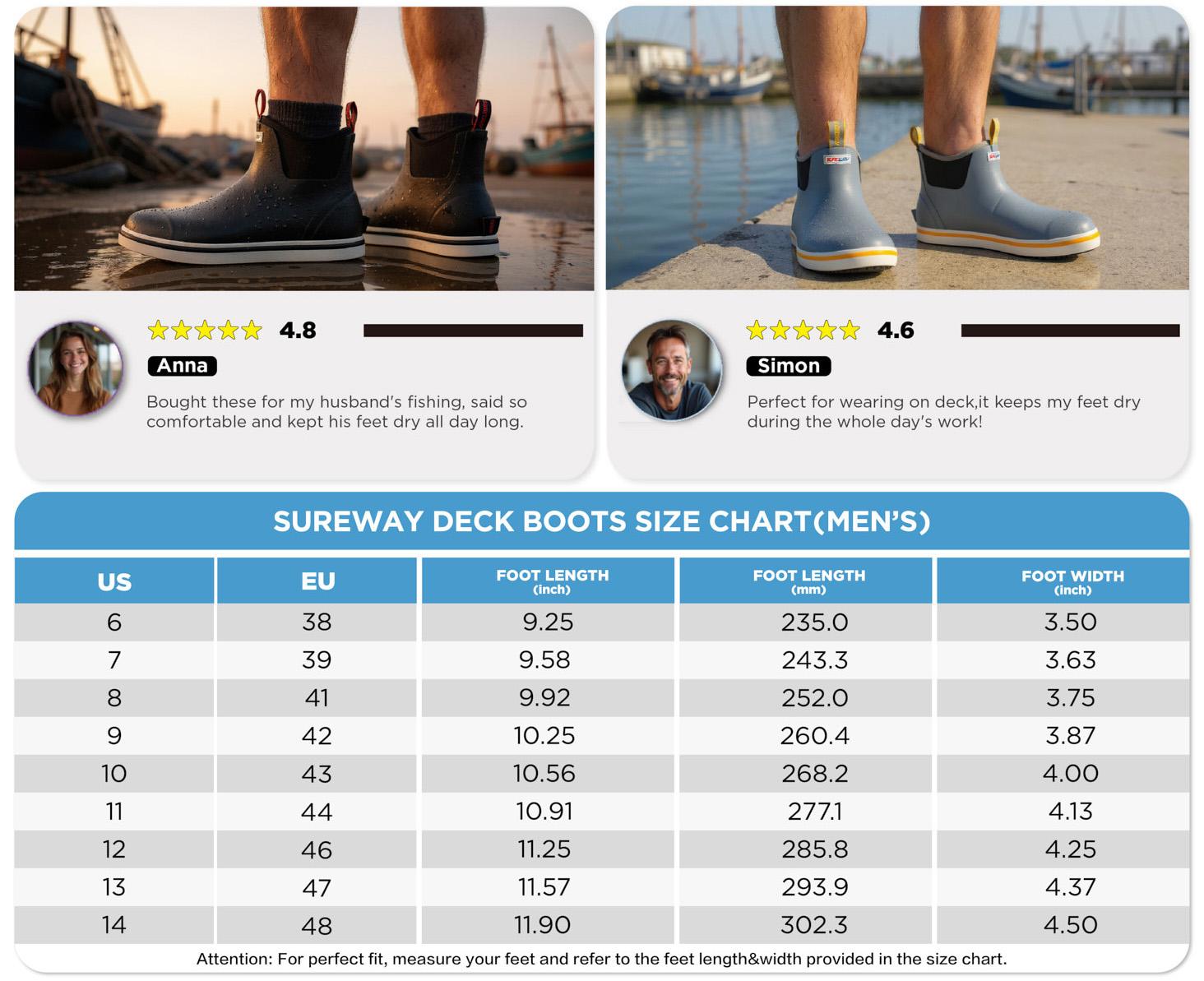 SUREWAY Men's Deck Boots Professional Non-Slip Fishing & Ankle Boating Boot Waterproof Rain Boots, Lightweight Neoprene Rubber Deck Boots