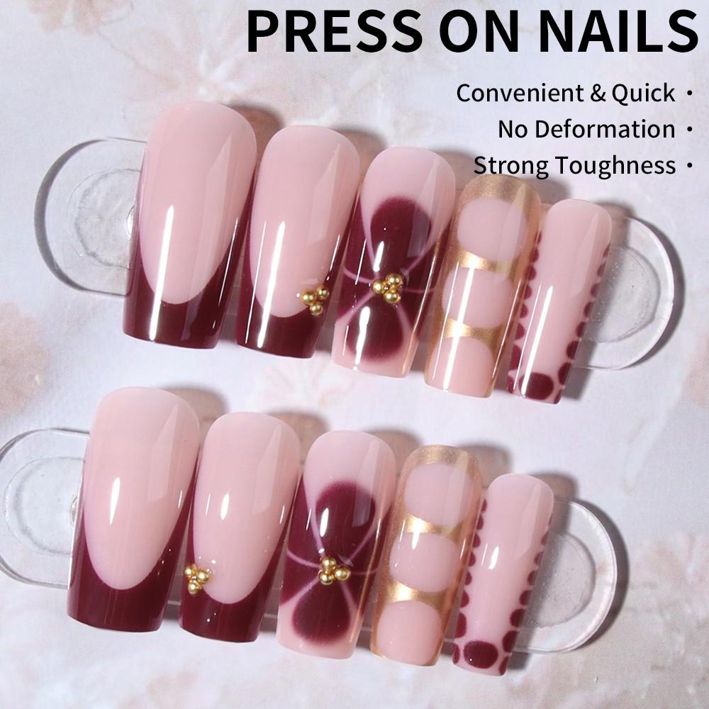 24pcs Transparent Nude Foundation Color Nail Art Set, Gold French Edge Design, Glossy Finish, Long Trapezoidal Shape, Versatile for All Occasions