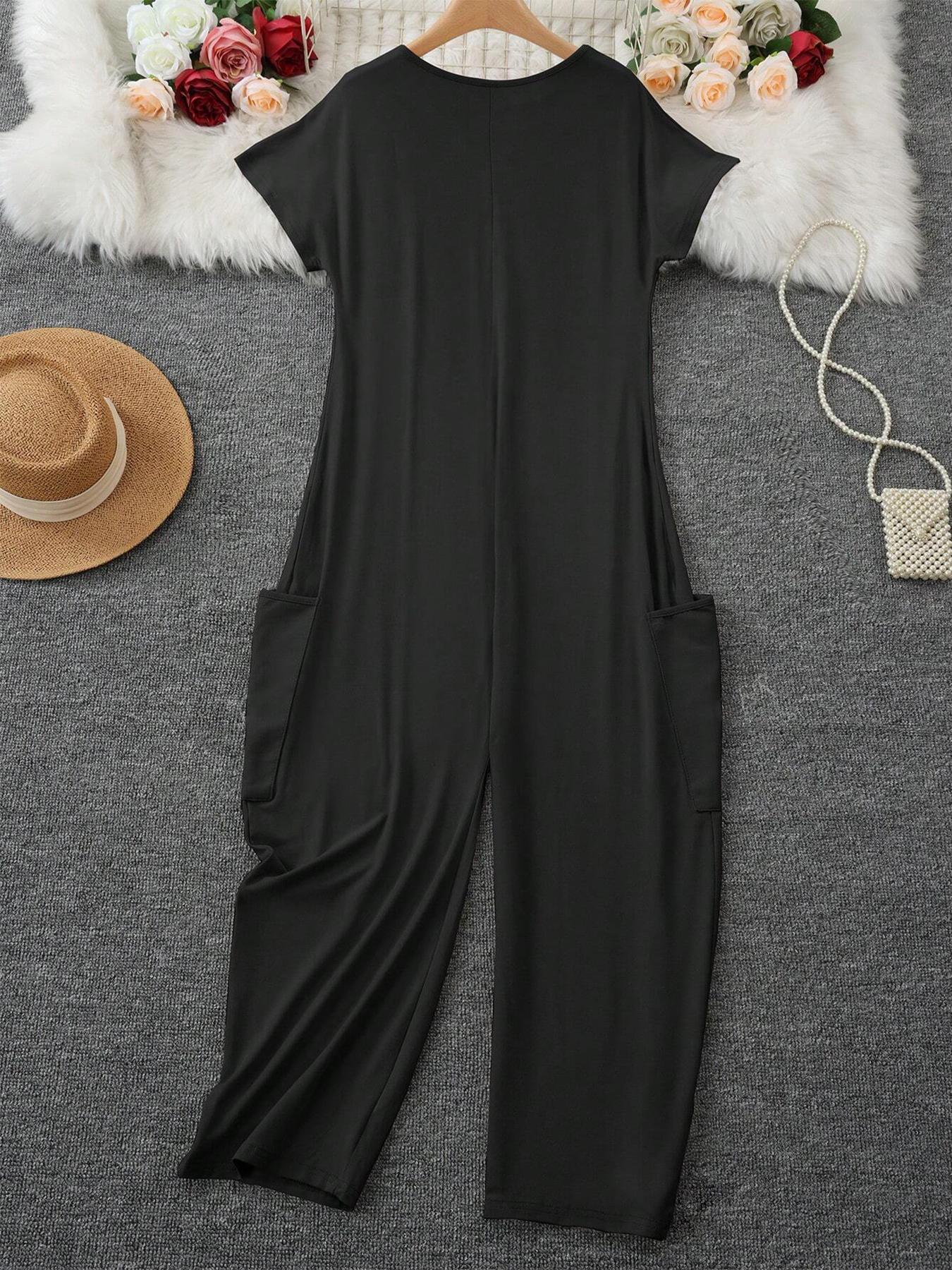 Women's Solid Color V-Neck Oversized Pocket Low Waist Jumpsuit, Casual Home Wear, Comfortable One-Piece Pants, Perfect for Daily Use