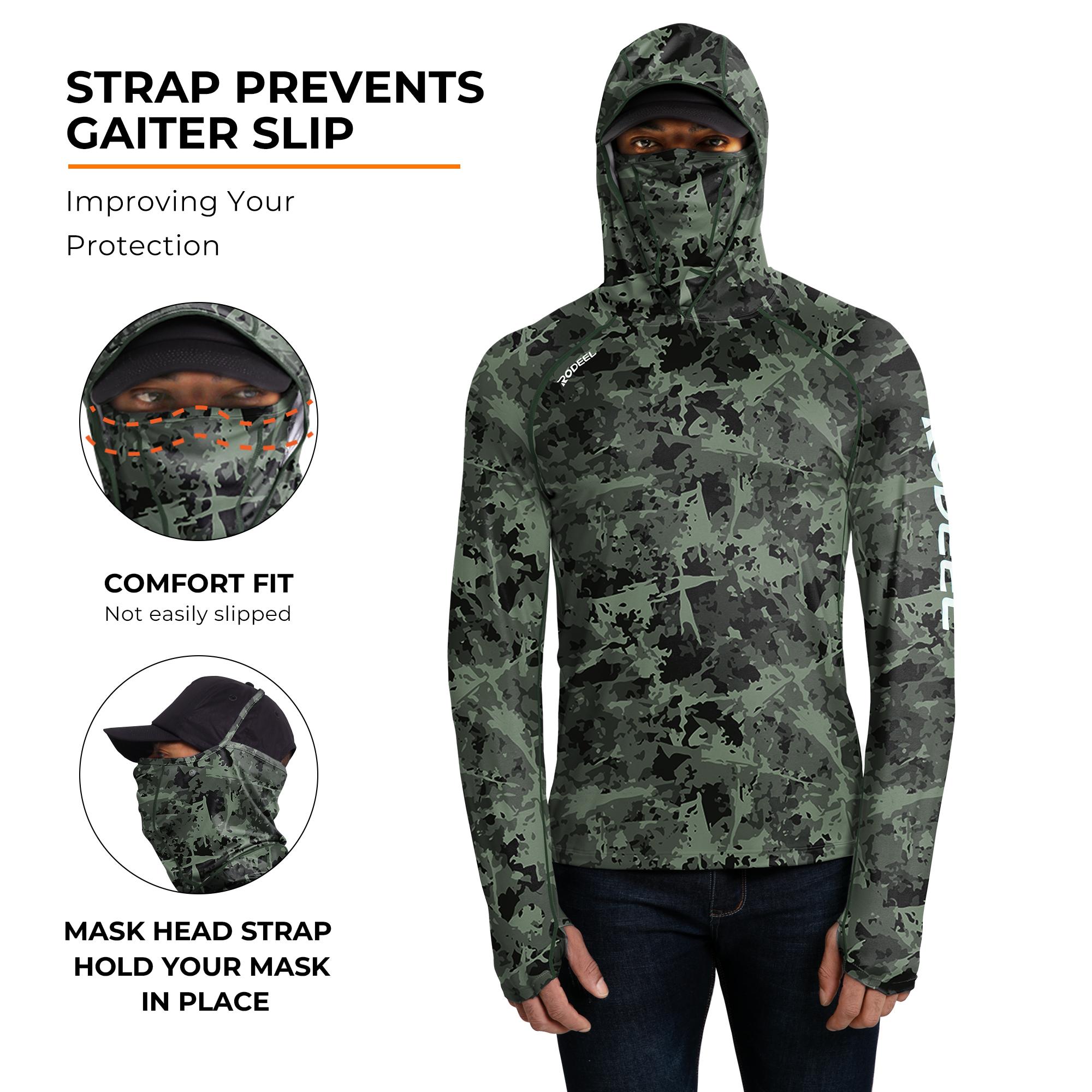 【RODEEL】934 Sun Hoodie Shirts w/ UV Detection Mask Neck Gaiter Thumbhole Men UPF 100+ Sun Protection Long Sleeve Lightweight Quick Dry Moisture Wicking Breathable Cooling Athletic Activewear for Outdoor Sports Fishing Construction Roofing, Holiday Gift