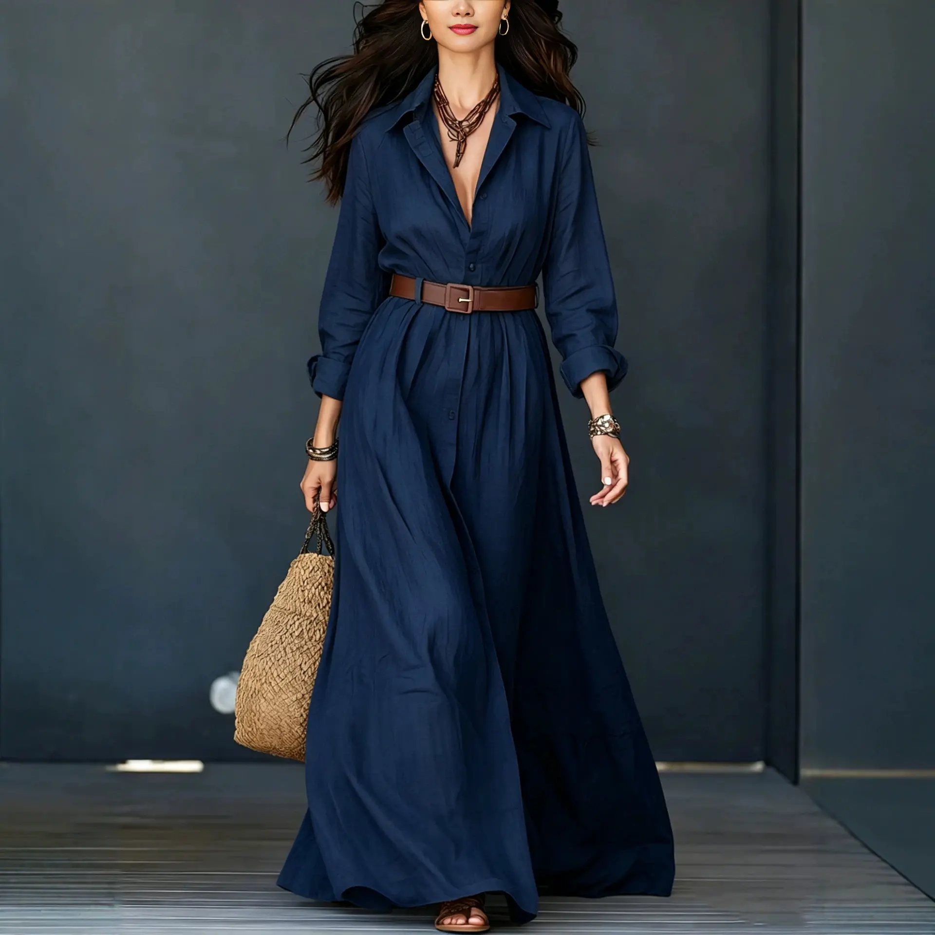 Collared Linen Maxi Shirt Dress for Women, Long Sleeve Floor Length Dress with Waist Belt, Casual Loose Flowy Fall Dress
