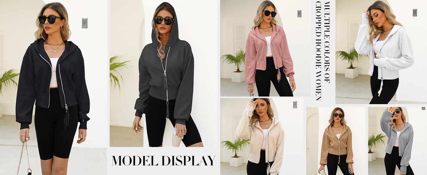 Arssm Cropped Hoodie Double Zipper Workout Jacket With Thumb Holes | Women's Stylish Athletic Crop Top Fabric Womenswear Ziphoodies