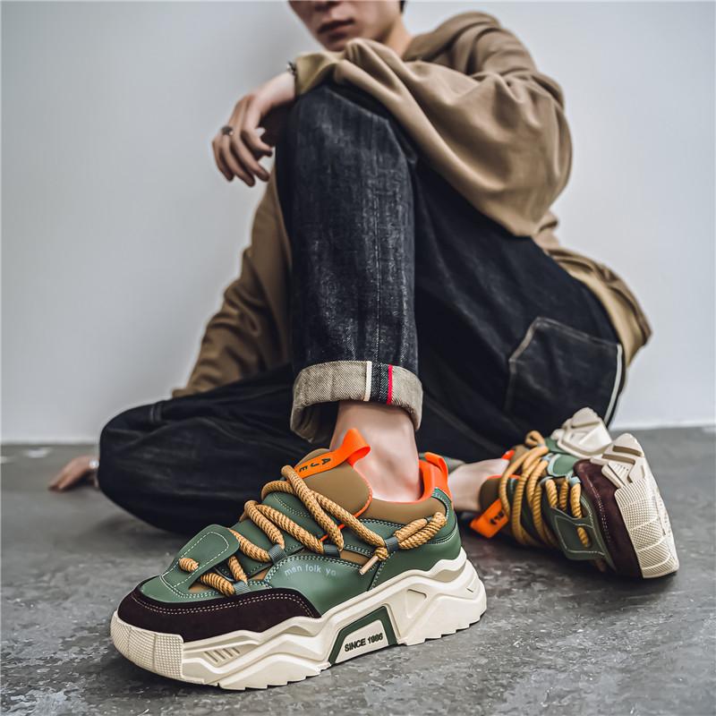 Low-top round toe lace-up casual men's shoes with color-blocking design, available in green and black. Versatile and comfortable running shoes suitable for all seasons, ideal for daily wear, sports and hiking.