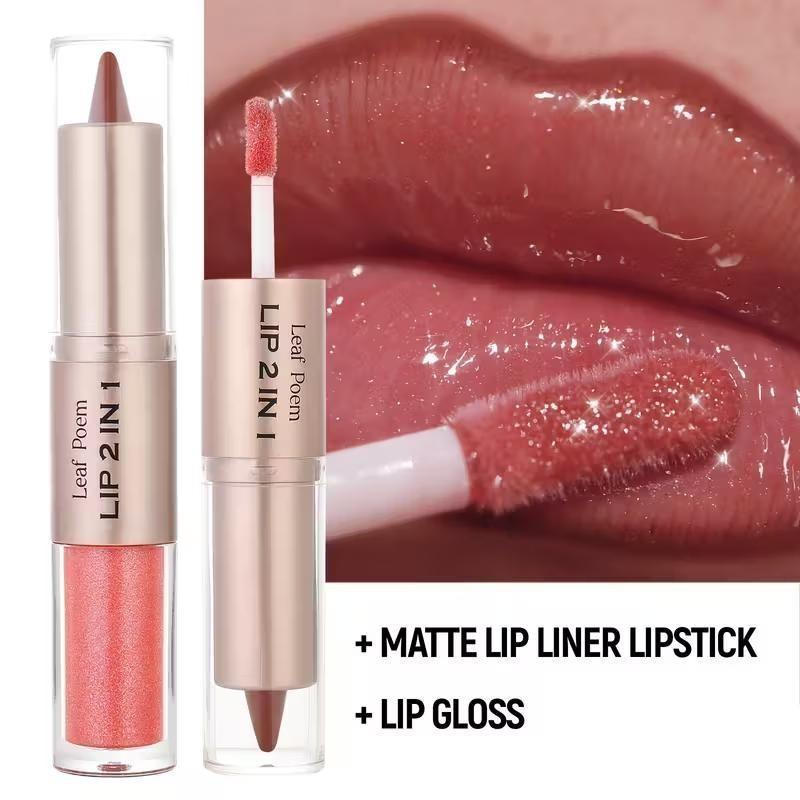 2-in-1 Dual-Ended Lip Gloss & Lipstick - Matte lip liner to outline lips, mirror-like glossy lip gloss, long-lasting color that doesn't smudge on cups, berry tones, anti-slip bullet design, 8 colors available, Cosmetic, Lip Product