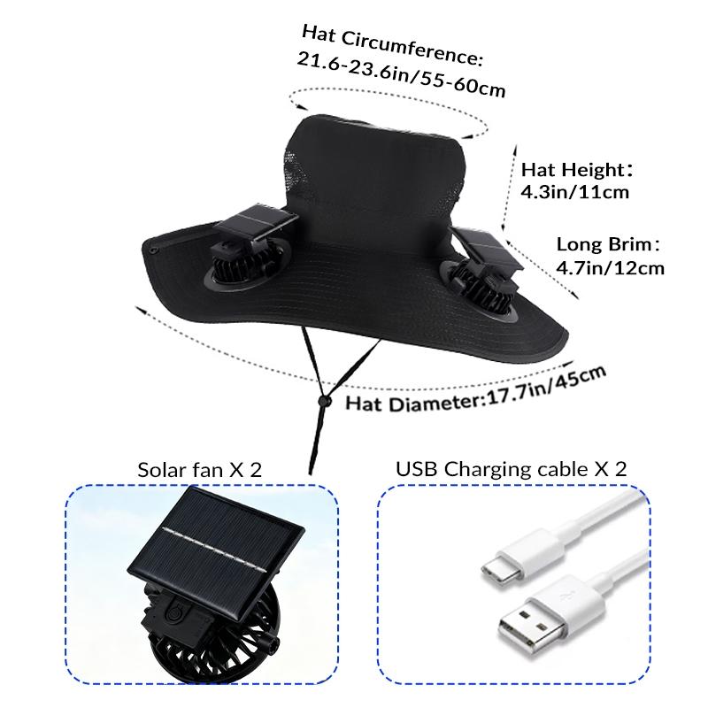 Solar Fan Hat, Equipped With Two Solar Fans, Unisex Wide-Brimmed Sun Hat, Solar Powered Hat, Usb/Solar Dual Power Supply, Three Wind Speed Settings, Rechargeable Battery, Men'S Fishing Hat, Suitable For Outdoor Hiking, Mountaineering, Travel And Camping.