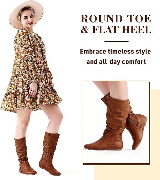 Women's Slouchy Mid Calf Boots Zip up Flat Boots