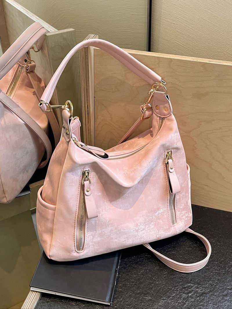 PU hobo bag solid color zipper large capacity college students novice white-collar office business commuting work bag Fall&winter Fashion Studded Decor Solid Color Zipper Shoulder Bag, Women's Trendy Crossbody Bag for School & Party, Hobo Crossbody Bags