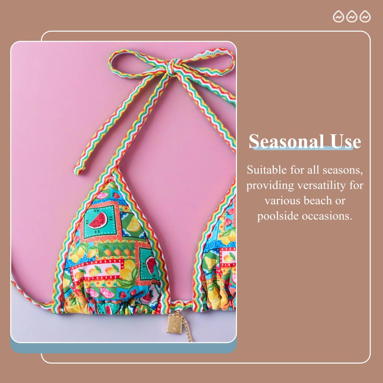 Two-Piece Set Women's Fruit Print Pendant Decor Halter Triangle Bikini Set for Beach Holiday Vacation, Ladies Swimwear for All Seasons, High Stretch Bikini