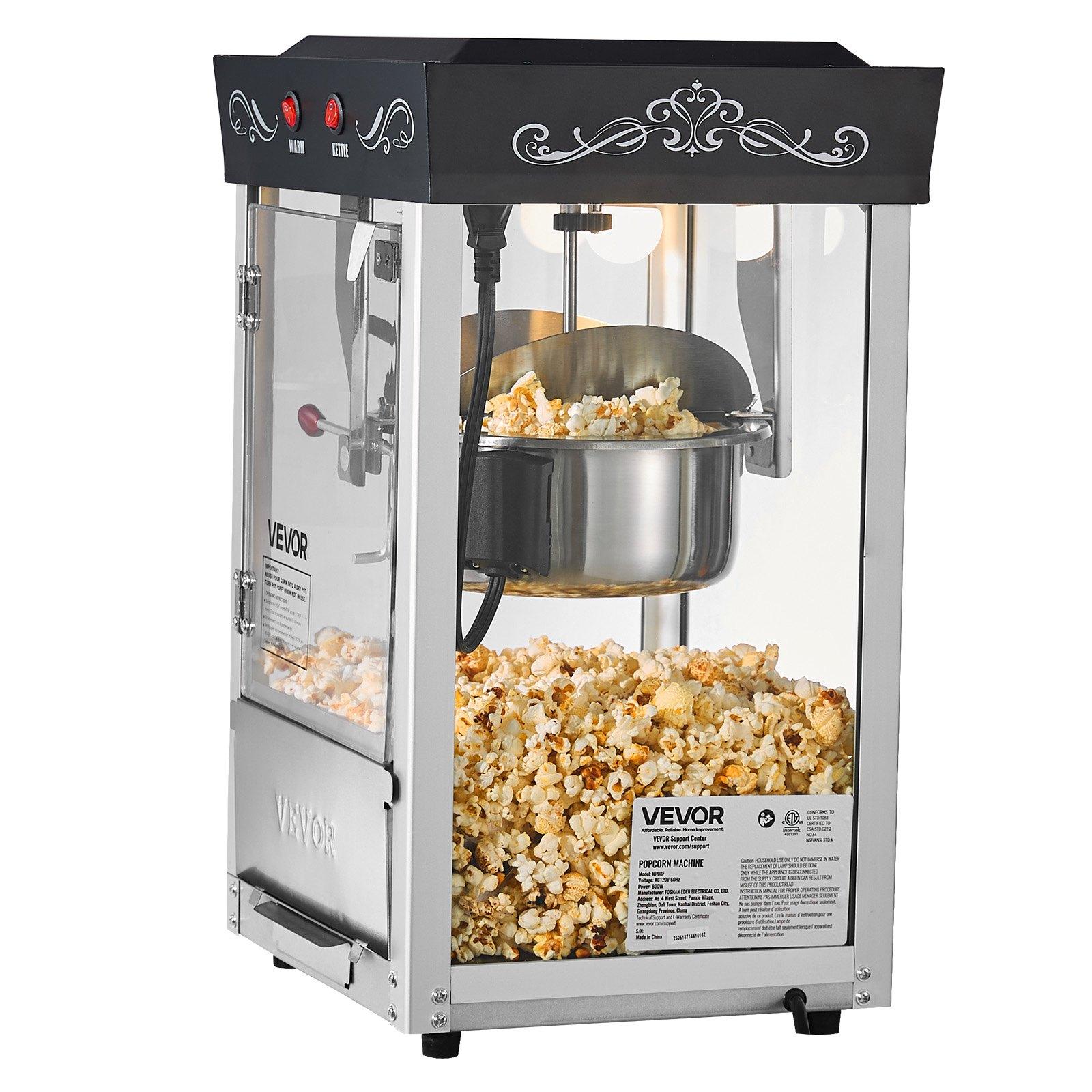 VEVOR Commercial Countertop Popcorn Machine for Commercial Users, 8 oz Stainless Steel Kettle, 800W Power, 48 Cups Per Batch, 20 Lbs/ 9.43 Kg Capacity, 2-Button Control, Glass Door, PC Wall, 1 Scoop, 3 Spoons, Black