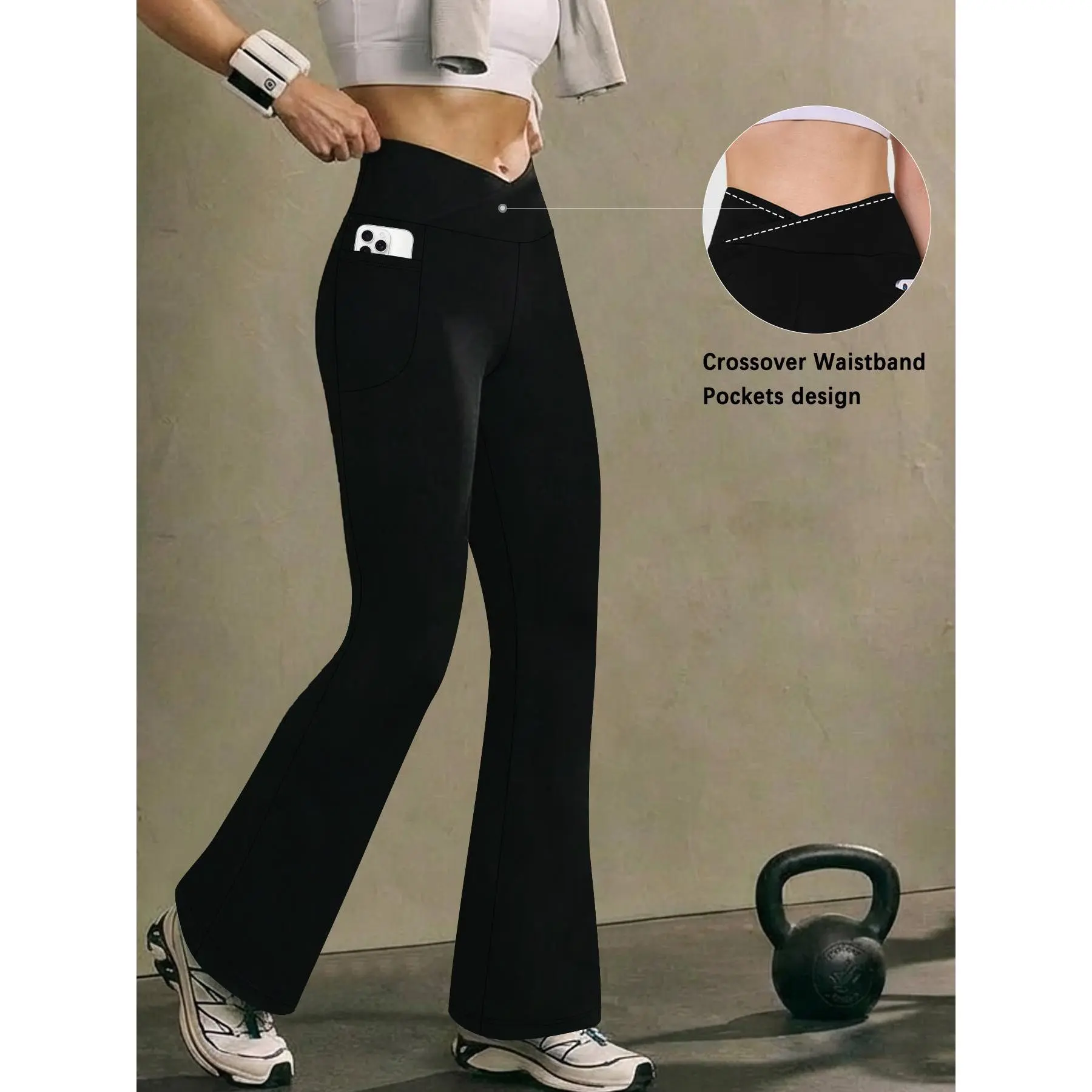 Womens Super Soft Crossover High Waisted Flare Leggings with Pockets Tummy Control Yoga Pants
