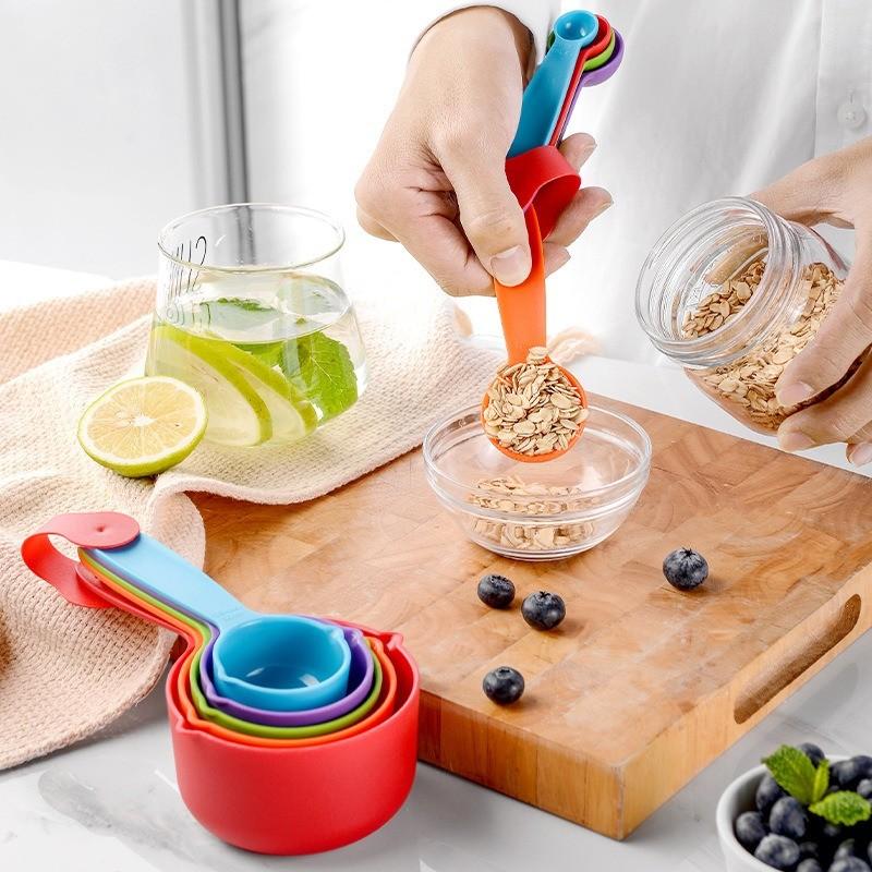 10 Piece Colorful Measuring Cups Set, Plastic Kitchen Tools for Baking and Cooking, Precise Home Measurement Kit, Return-To-School Essentials
