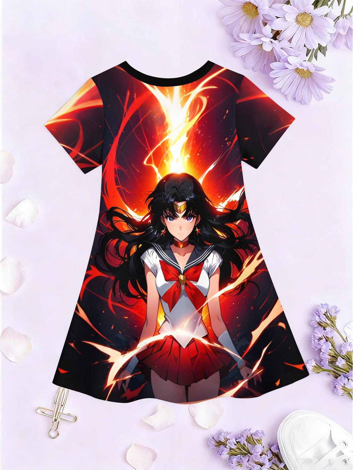 Girls' Sailor Moon Mars Print Dress, Casual Short Sleeve Anime, Perfect for Parties, Birthday Gifts, Holiday Presents