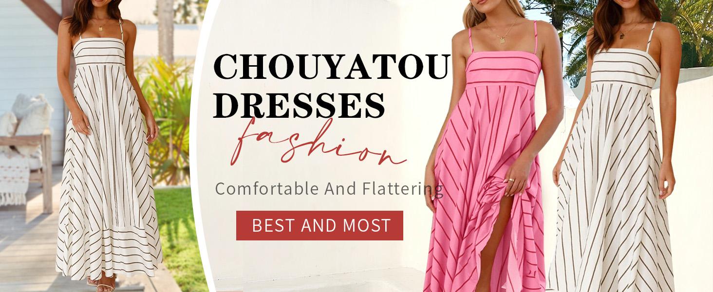 Chouyatou Women's Summer Sleeveless Spaghetti Strap Striped Maxi Dress Bohemian Style Elastic Back Design Flowing Beach Dress SpringStatements