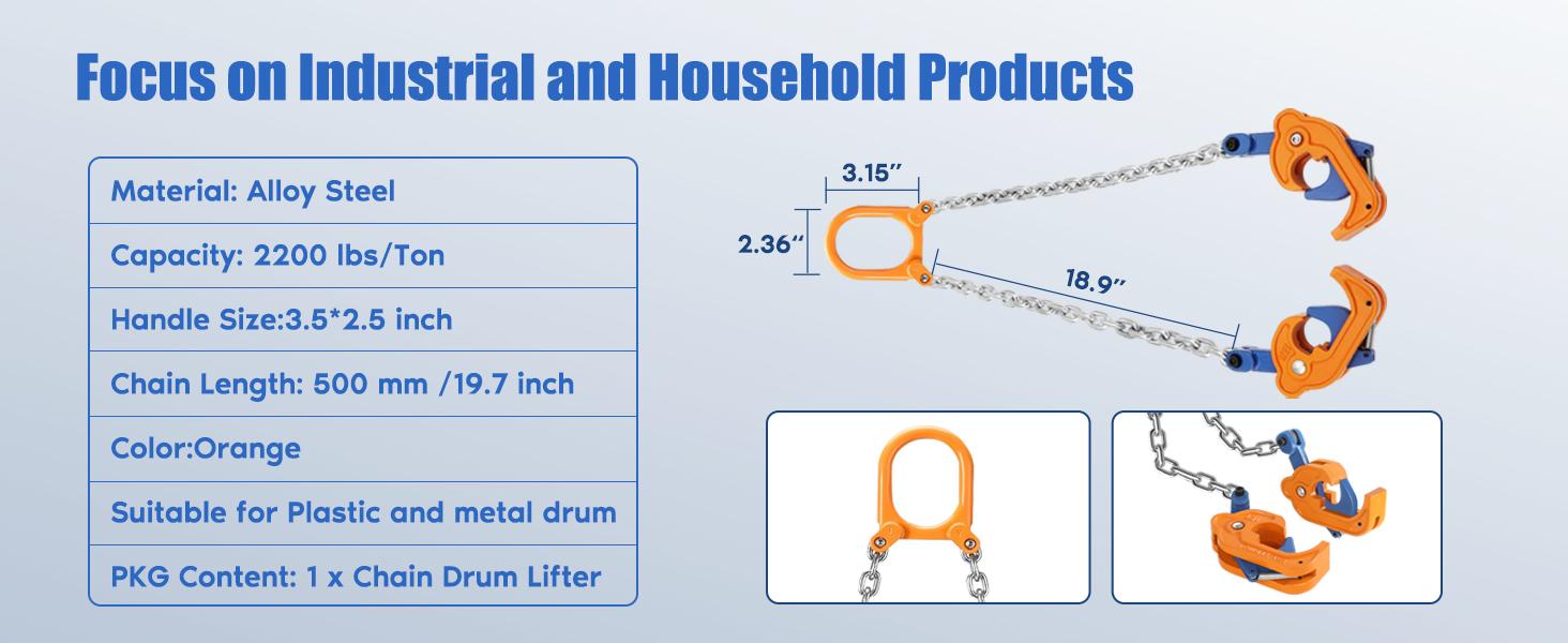 Chain Drum Lifter 2000lbs/1T Oil Barrel Clamp Material Transport Tool with G80 Lifting Chain Drum Lifter Chain for 55 Gallon Drums equipment mechanic