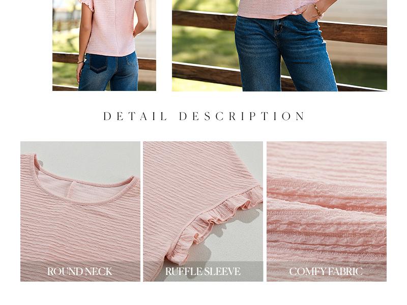 Shewin 2026 Spring/Summer Outfit Womens Short Sleeve Tops Round Neck Ruffle Casual Textured Work T Shirts Tee Blouse Basic Fitted Crewneck - Womenswear SpringStatements