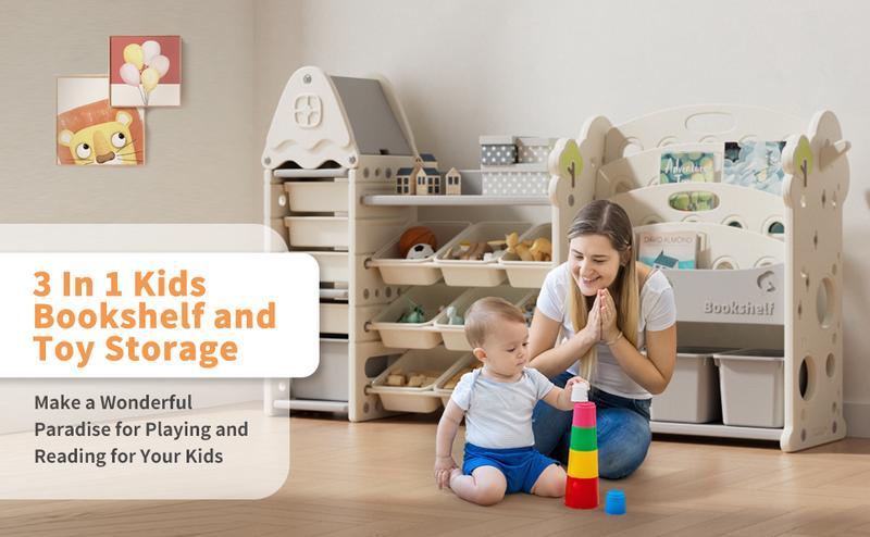 Linor Kids Toy Storage Organizer with 17 Removable Bins&4-Tier Bookshelf, Castle-Shaped Organizer for Playroom, Bedroom, Nursery, Living Room Bookcase