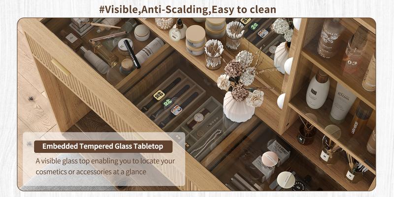 FUSOU 47'' W Fluted Vanity Desk, Makeup Vanity with Power Oultlet, 7 Drawers Vanity with 10 LED Lights and Mirror, 3 Lighting Modes Adjustable, Glass Top, Vanity with Chair for Bedroom, Natural FUSOU 47'' W Fluted Vanity Desk, Makeup Vanity with Power Oultlet, 7 Drawers Vanity with 10 LED Lights and Mirror, 3 Lighting Modes Adjustable, Glass Top, Vanity with Chair for Bedroom, Natural