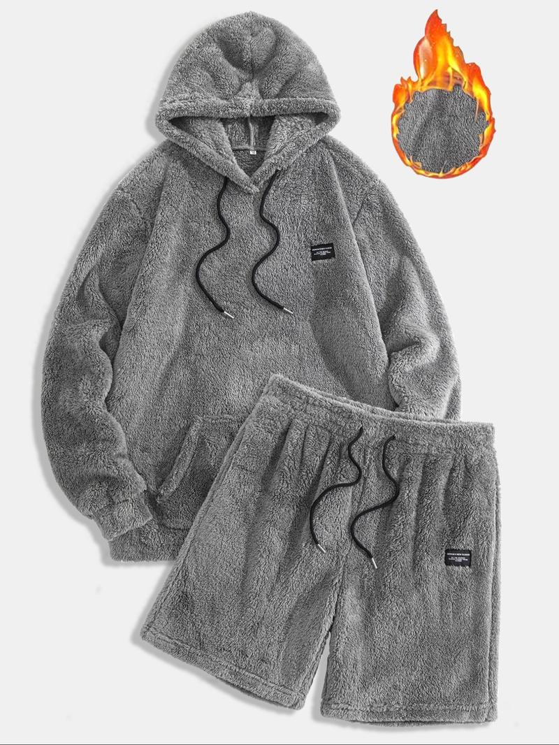 Men's Thermal Hoodie & Drawstring Waist Short Set, Hooded Sweatshirt Set, Casual Fashion Cozy Breathable Two-piece Outfits for Daily Outdoor Wear, Men Clothes for Spring & Fall