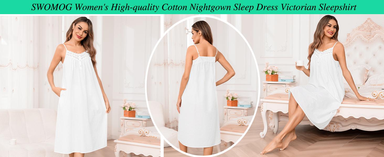 SWOMOG Women's Nightgown Sleeveless Lace Nightdress Adjustable Strap Sleepshirt V Neck Print Nightwear with Pocket S-3XL Loungewear Womenswear Bag Elegant Pajama Casual Party Style Rayon