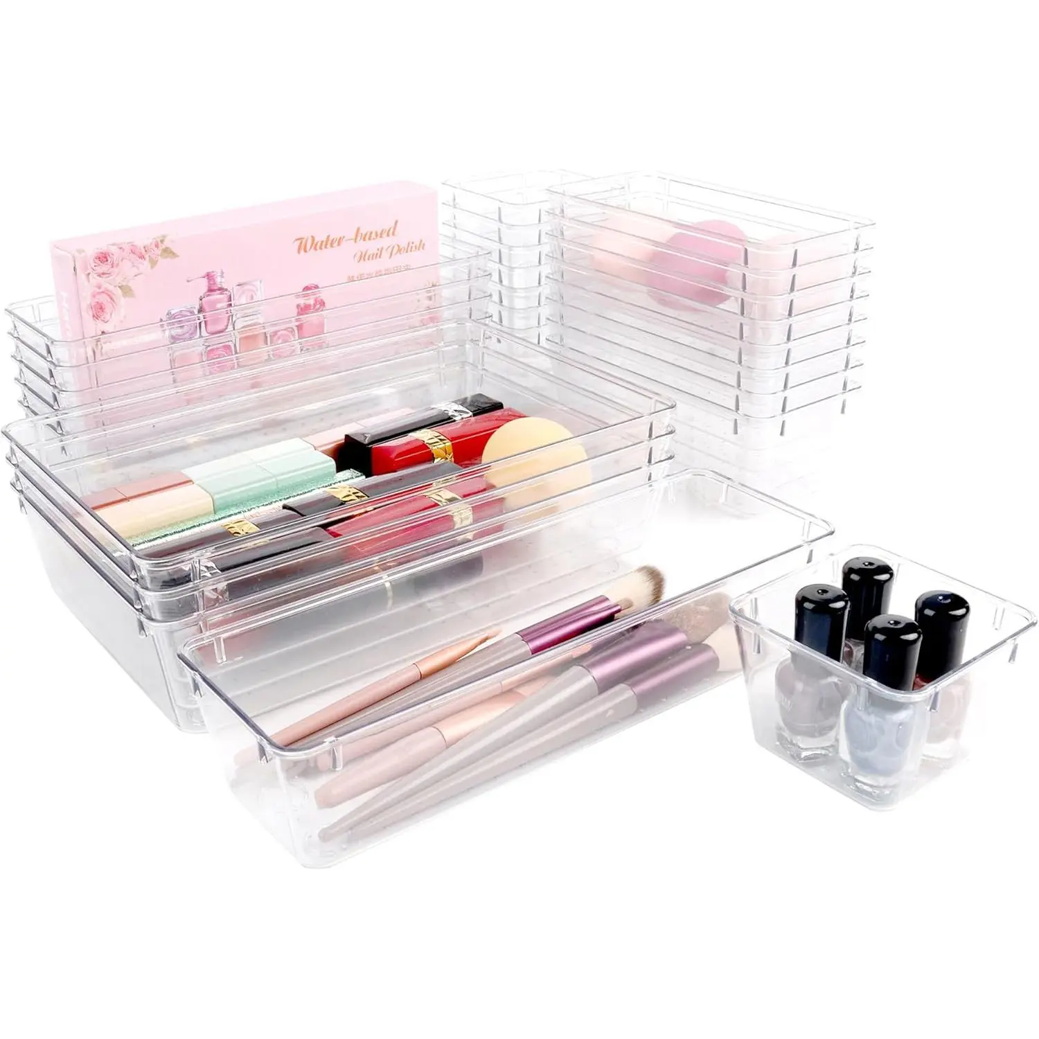 8/25 PCS Clear Plastic Drawer Organizer Set,4 Sizes Stackable Storage Trays,Transparent Drawer Dividers for Makeup,Jewelry,Vanity,Bathroom,Kitchen Utensils,Office Supplies,Bedroom,Dorm,Apartment,Desk Drawer Organization and Small Item Storage Bins