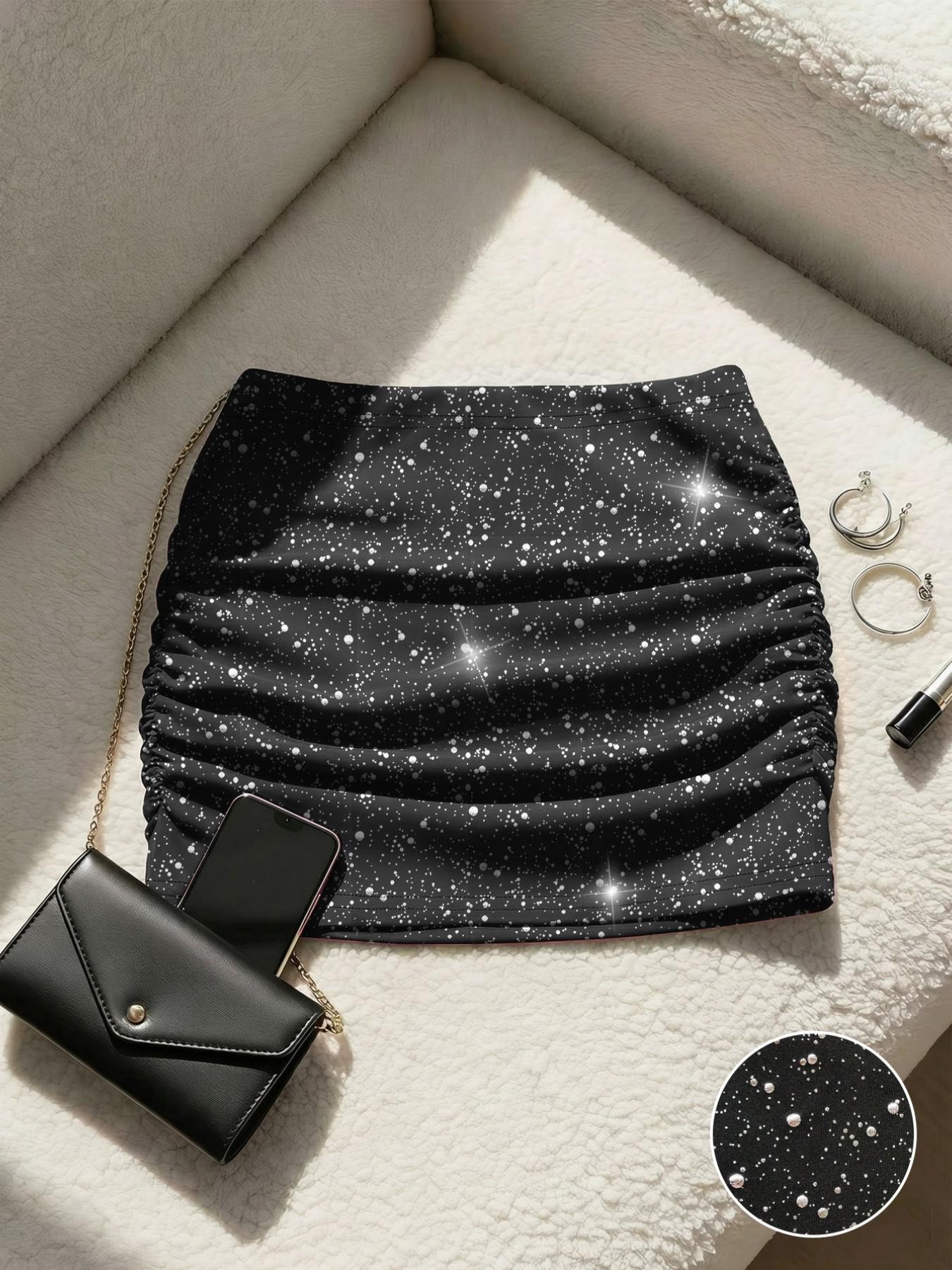 Silver Color Pleated Mini Skirt, High Waist Shiny Tight Fit, Sexy Nightclub Style, Elastic Fabric, Perfect for Parties and Raves