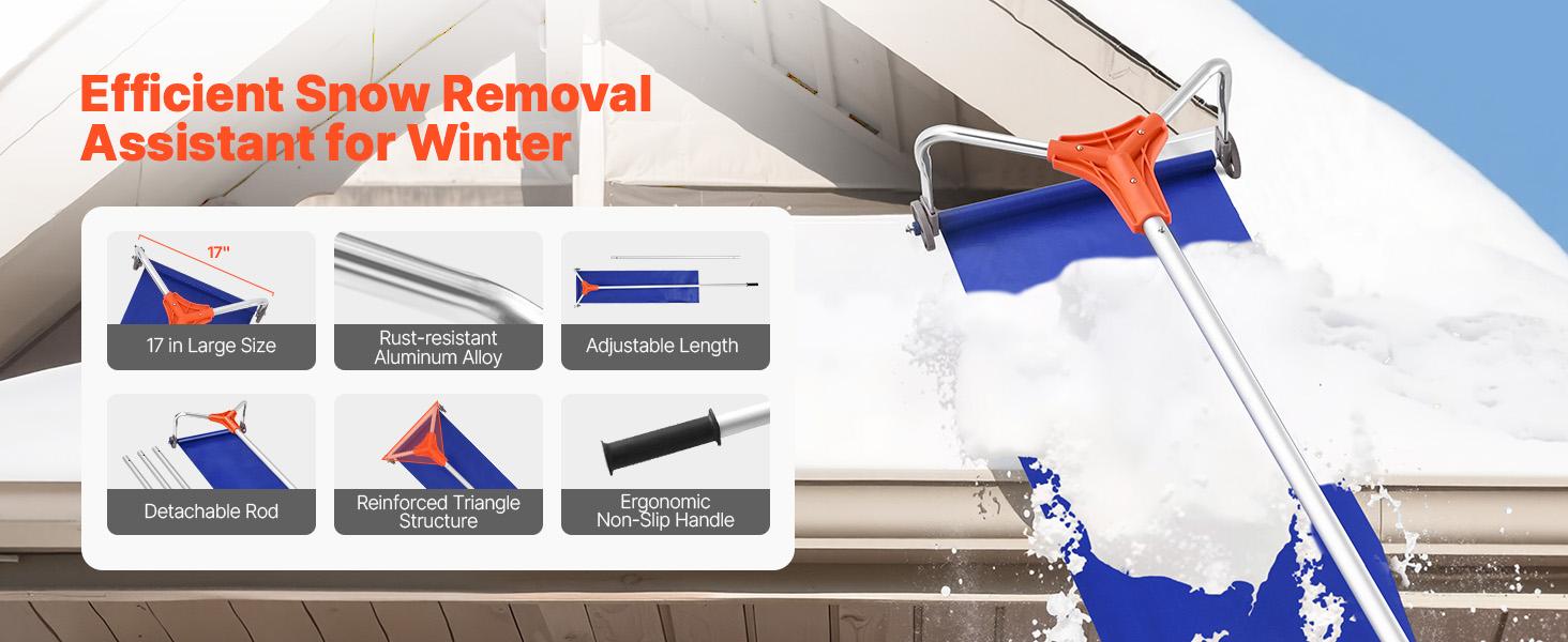 VEVORSnowRoofRake, 17inAluminumBlade, 4.1-17.2ftAdjustableRoofSnowScraperwithWheelsSlide, LightweightSnowsRemovalToolforHouseRooftopLeavesDebrisClearing