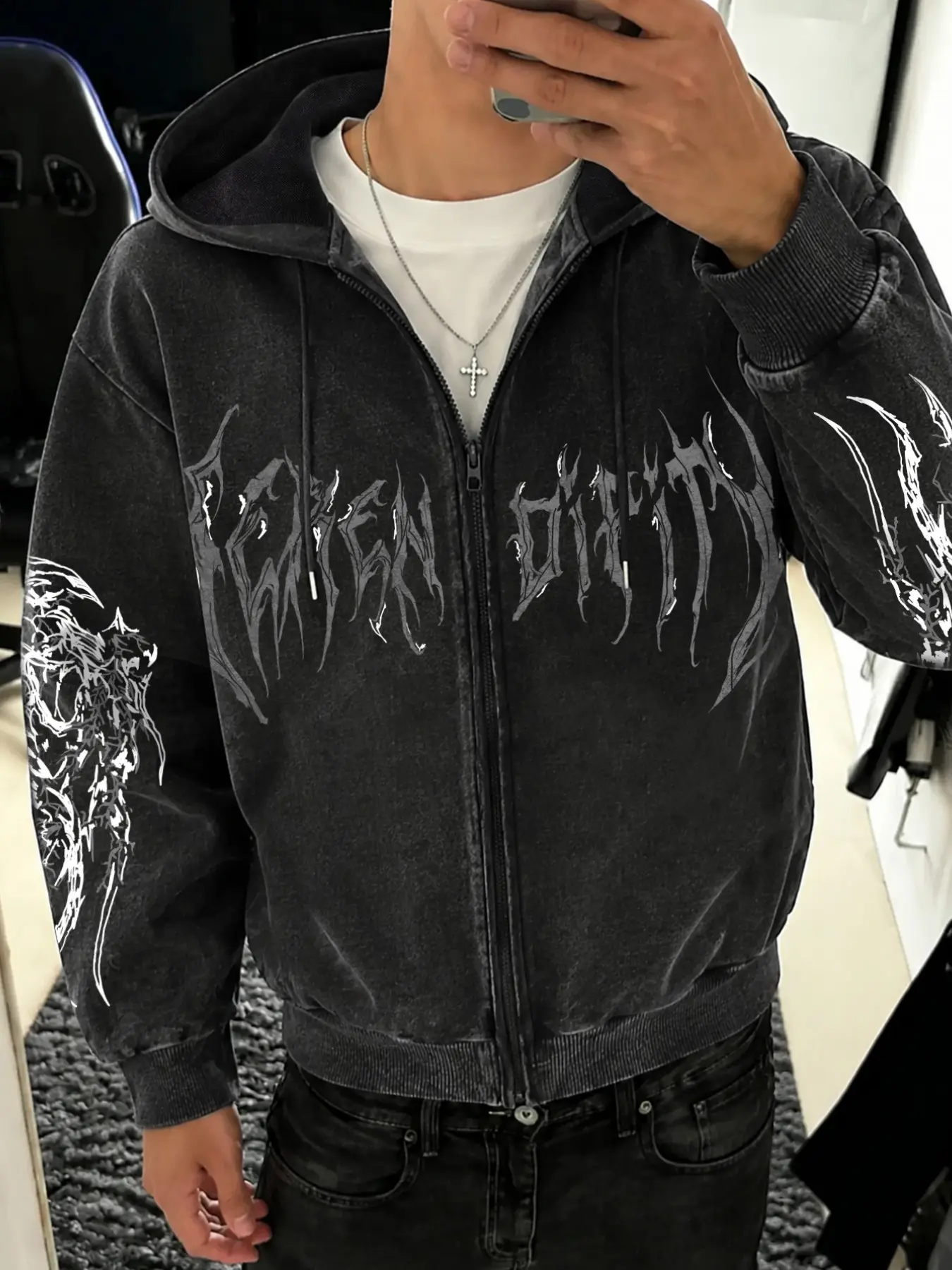 Gothic Thorn Font Hoodie, Washed Loose Fit Sweatshirt, Street Style Zipper Jacket, Halloween Costume, Fall & Winter